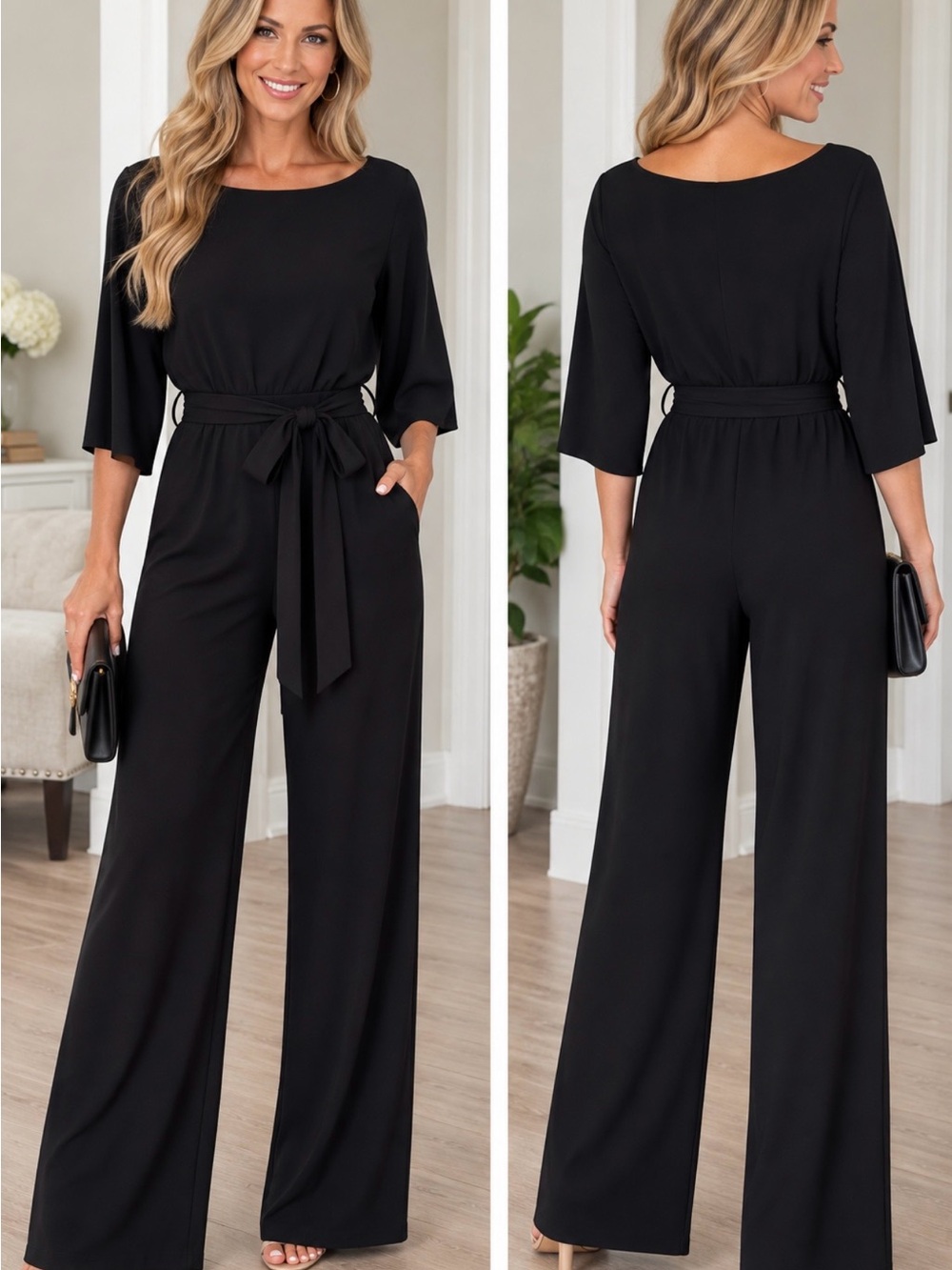 Classic Black Wide-Leg Jumpsuit with Tie Waist
